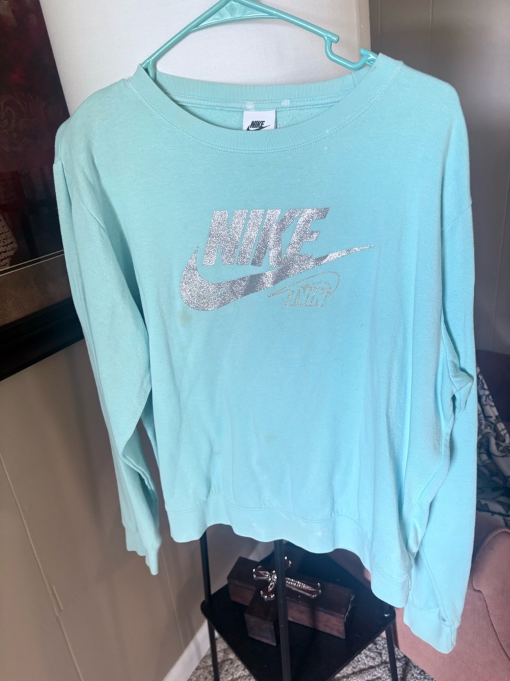 Nike Women's light blue Sweatshirt with Silver Glitter Logo